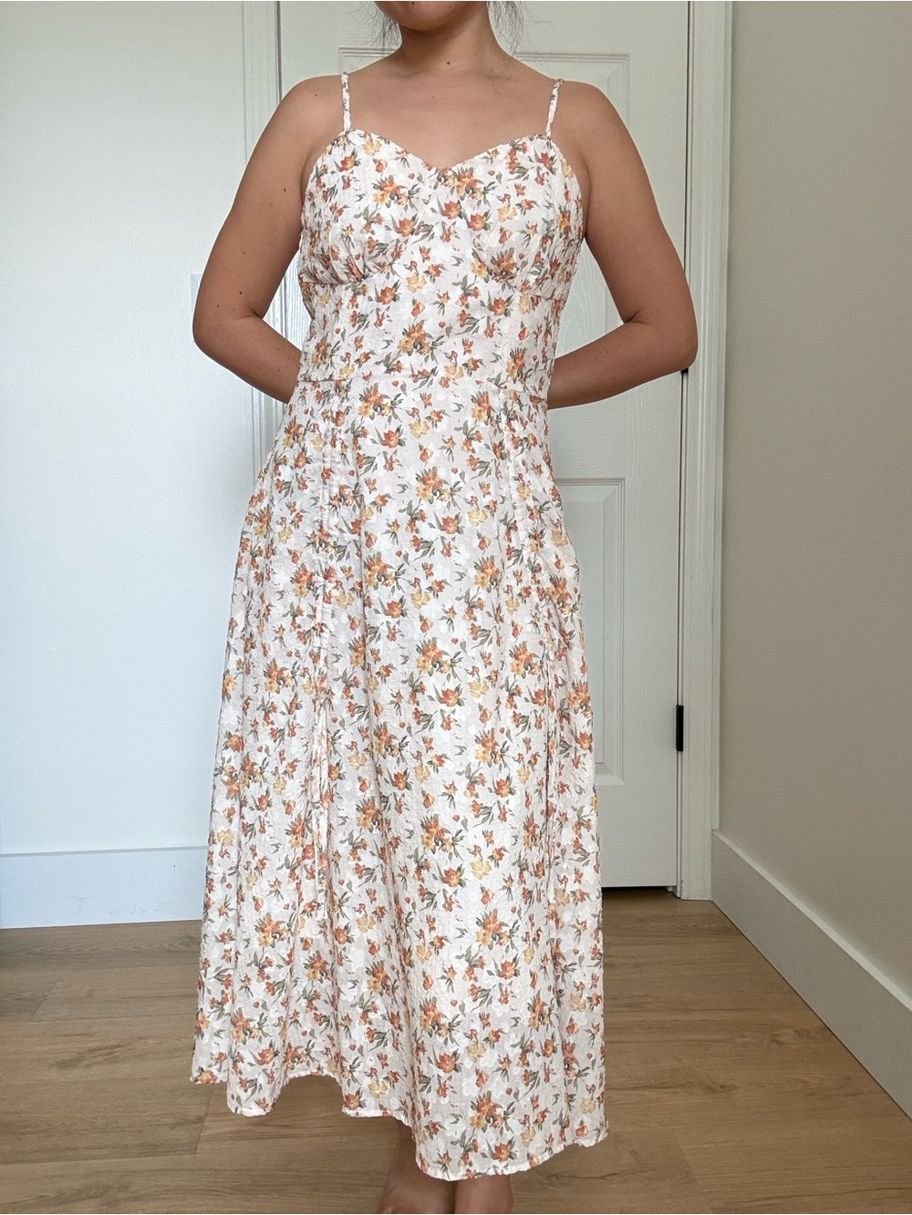 Floral Spaghetti Strap Midi Dress in Cream and Orange